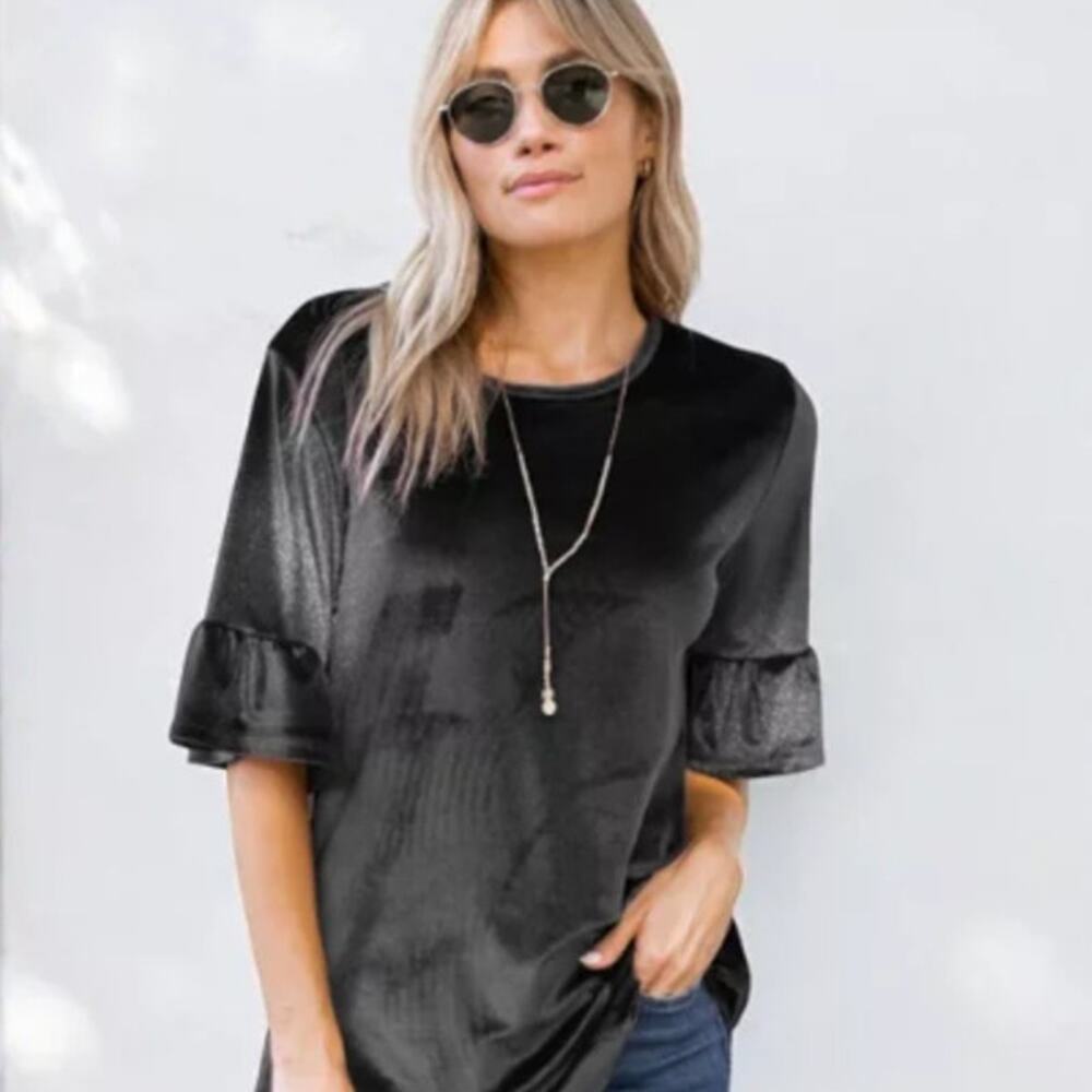 Amaryllis Medium Black‎ Velvet Ruffle Sleeve Top Witchy Whimsygoth Dark Romantic